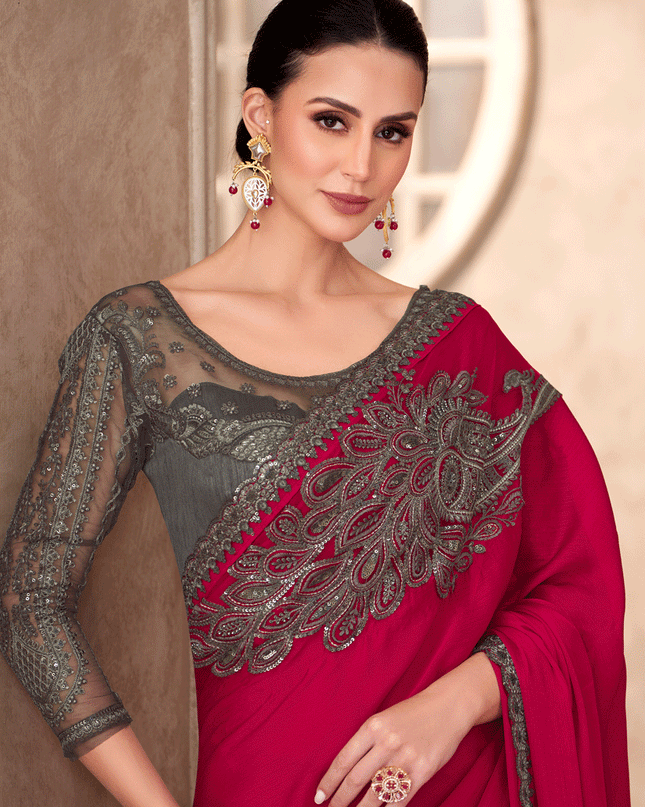 Sleek Cherry Chiffon Red Heavy Designer Saree