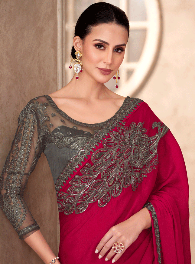 Sleek Cherry Chiffon Red Heavy Designer Saree