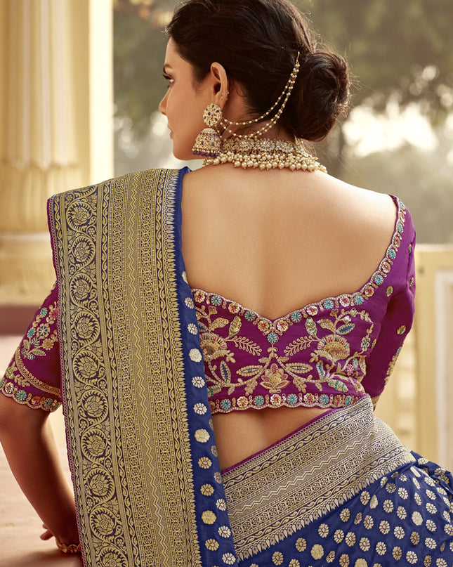 Navy Blue Dola Silk Wedding Saree with Embroidered Blouse