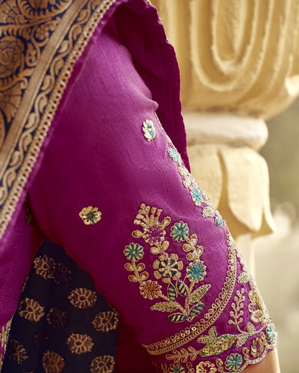 Navy Blue Dola Silk Wedding Saree with Embroidered Blouse