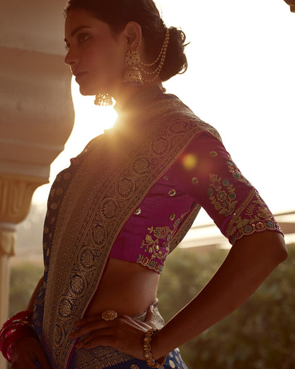 Navy Blue Dola Silk Wedding Saree with Embroidered Blouse