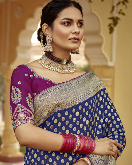 Navy Blue Dola Silk Wedding Saree with Embroidered Blouse