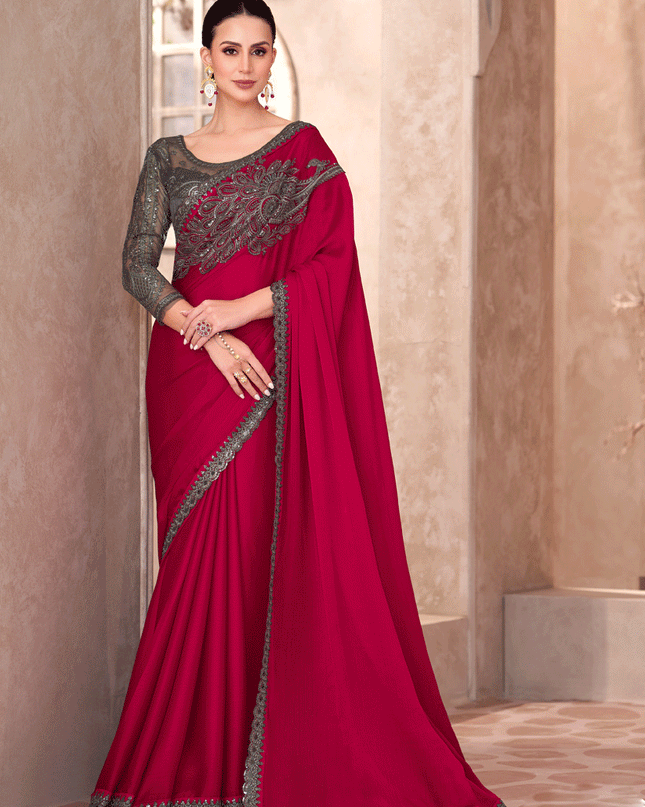 Sleek Cherry Chiffon Red Heavy Designer Saree