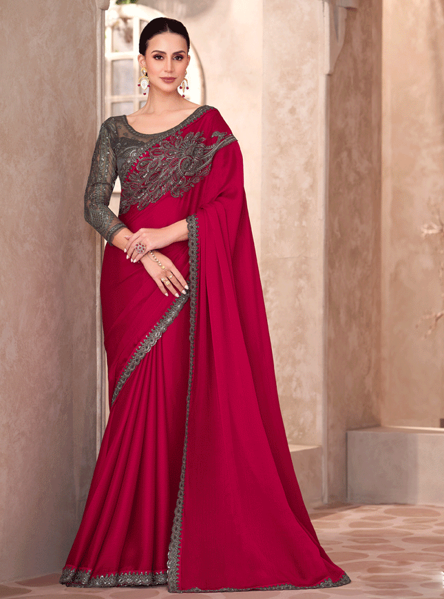 Sleek Cherry Chiffon Red Heavy Designer Saree