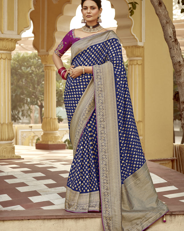 Navy Blue Dola Silk Wedding Saree with Embroidered Blouse