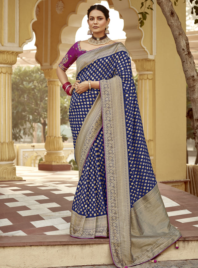 Navy Blue Dola Silk Wedding Saree with Embroidered Blouse