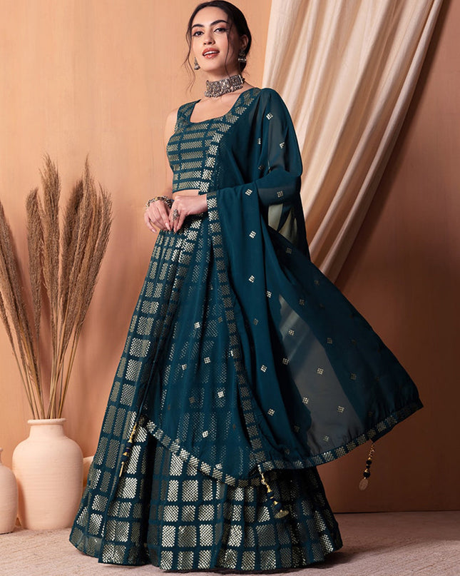 teal blue georgette sequins embroidered lehenga choli