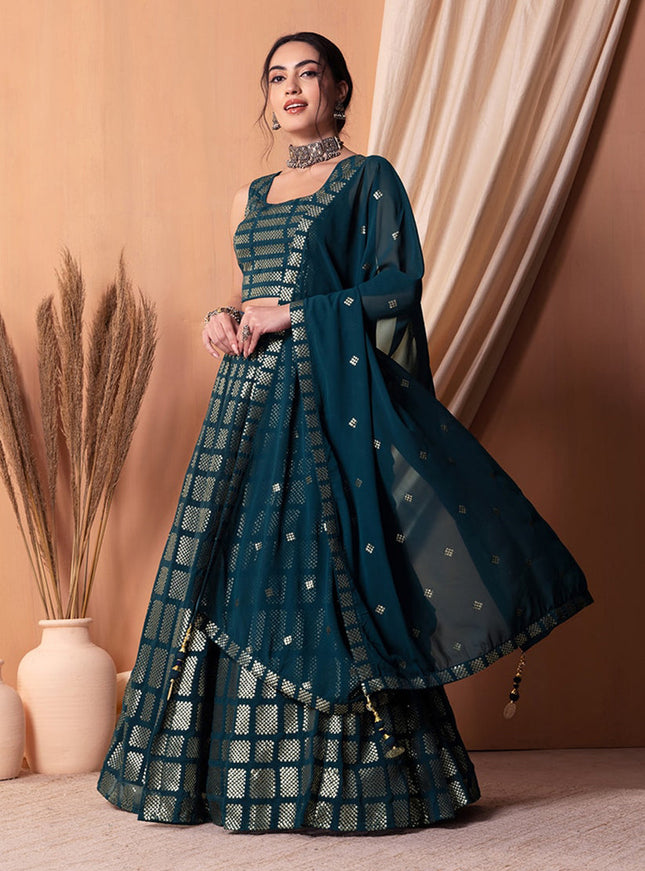 teal blue georgette sequins embroidered lehenga choli