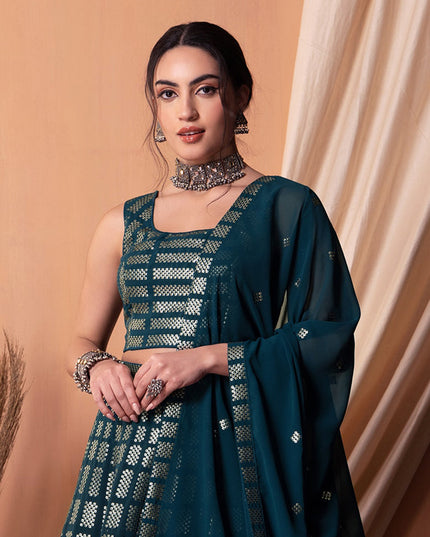 teal blue georgette sequins embroidered lehenga choli