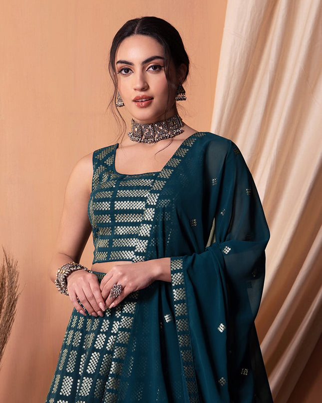 teal blue georgette sequins embroidered lehenga choli