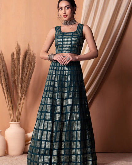 teal blue georgette sequins embroidered lehenga choli