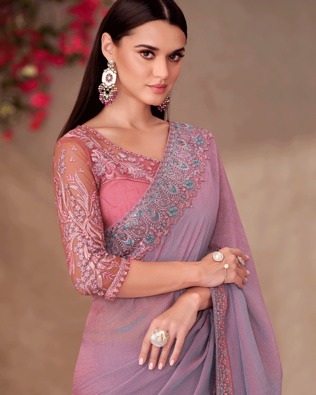 Opulent Dusty Lavender Shining Georgette Heavy Designer Saree