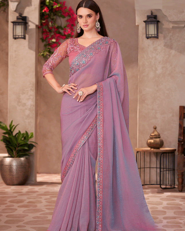 Opulent Dusty Lavender Shining Georgette Heavy Designer Saree