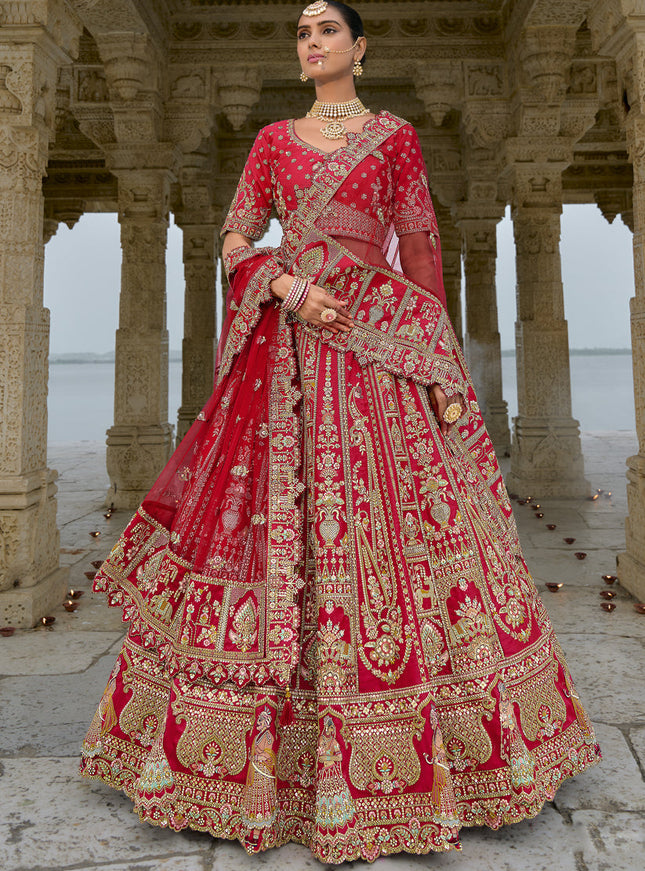 Hot Red Silk Embroidered Bridal Lehenga Choli