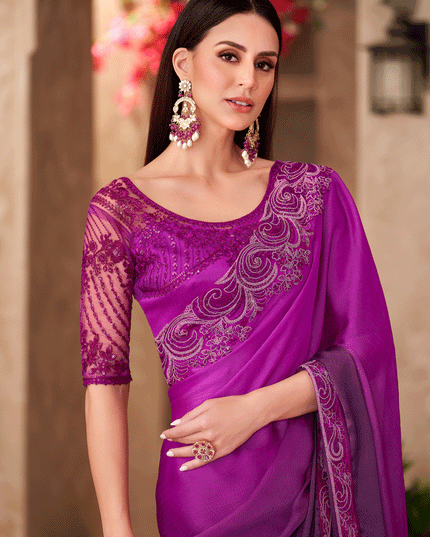 Fashionable Violet Chiffon Heavy Designer Saree
