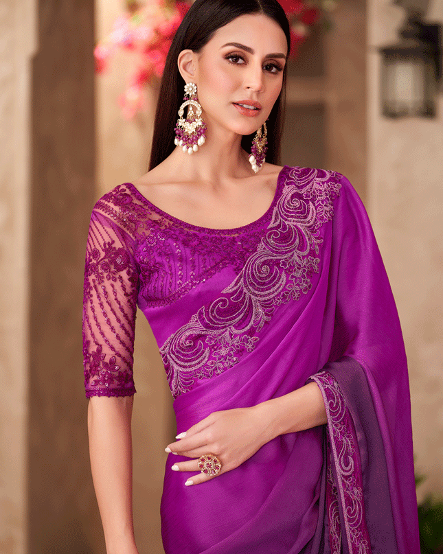 Fashionable Violet Chiffon Heavy Designer Saree