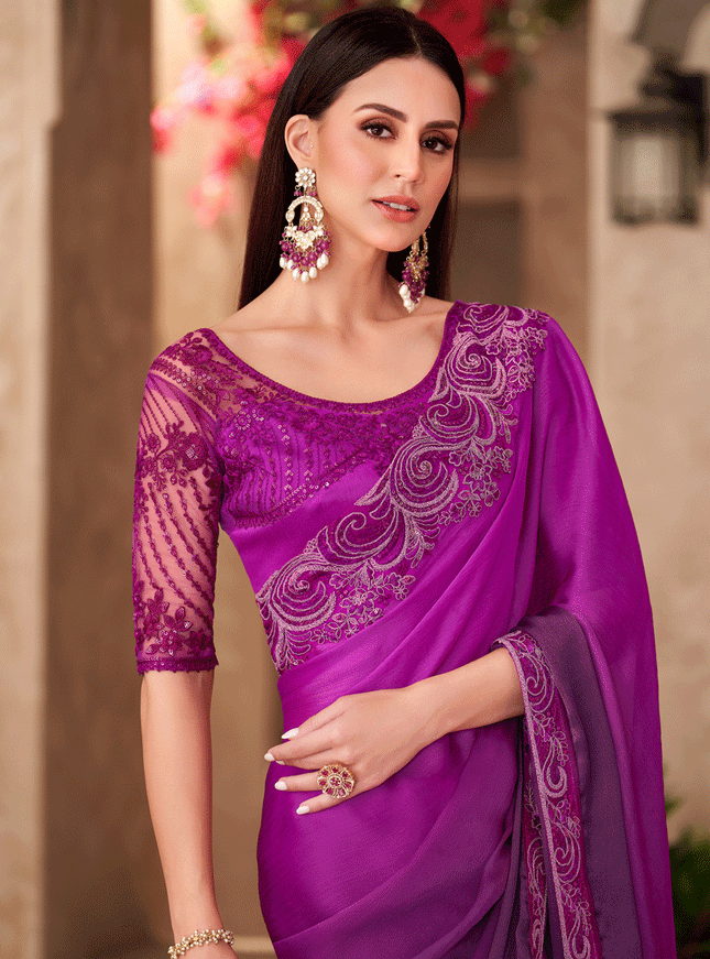 Fashionable Violet Chiffon Heavy Designer Saree