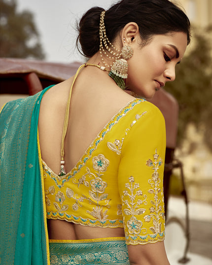 Teal Green Dola Silk Wedding Saree with Embroidered Blouse