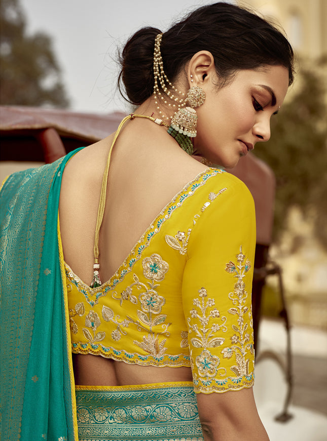 Teal Green Dola Silk Wedding Saree with Embroidered Blouse