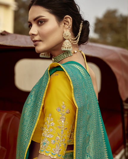 Teal Green Dola Silk Wedding Saree with Embroidered Blouse