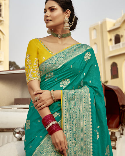 Teal Green Dola Silk Wedding Saree with Embroidered Blouse