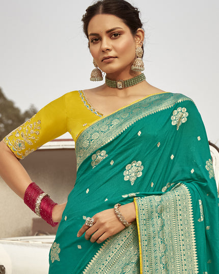 Teal Green Dola Silk Wedding Saree with Embroidered Blouse