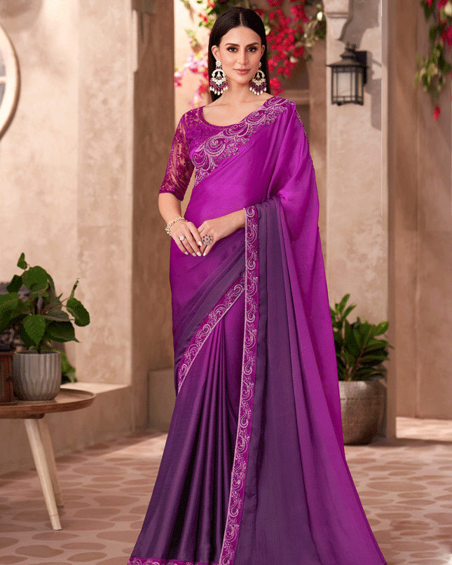Fashionable Violet Chiffon Heavy Designer Saree