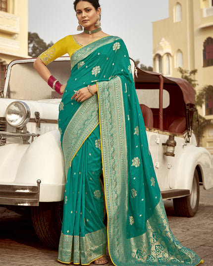 Teal Green Dola Silk Wedding Saree with Embroidered Blouse