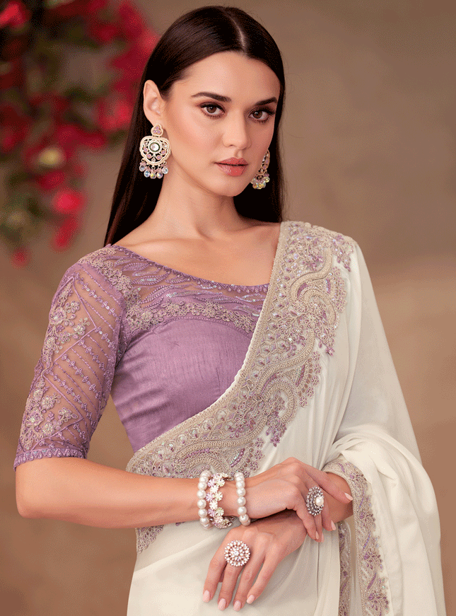 Dashing Pearl White Shining Georgette Heavy Designer Saree