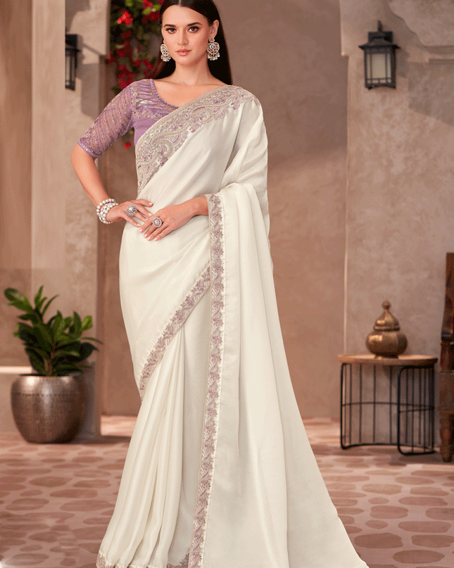 Dashing Pearl White Shining Georgette Heavy Designer Saree