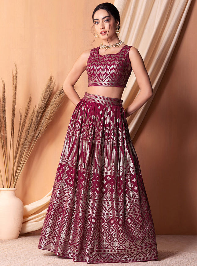 wine georgette sequins embroidered lehenga choli