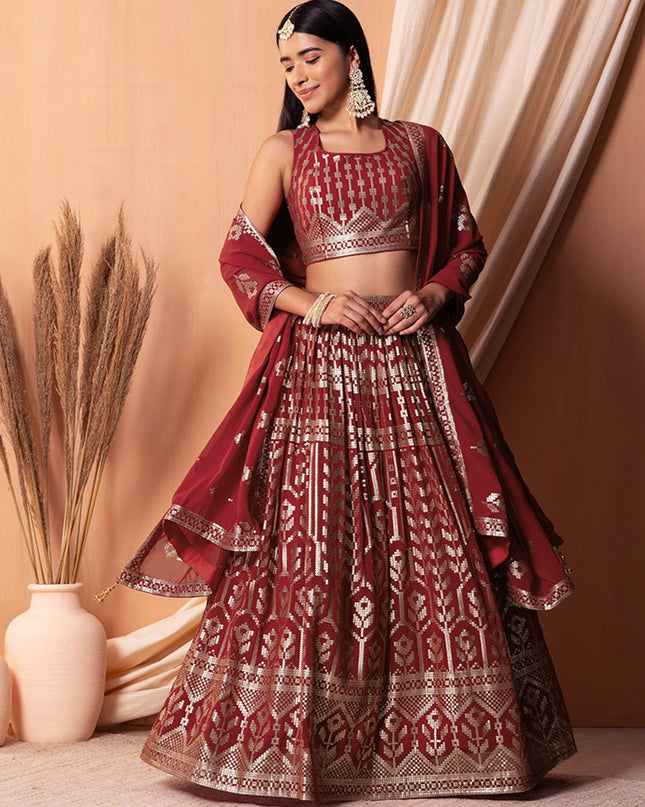 maroon georgette sequins embroidered lehenga choli