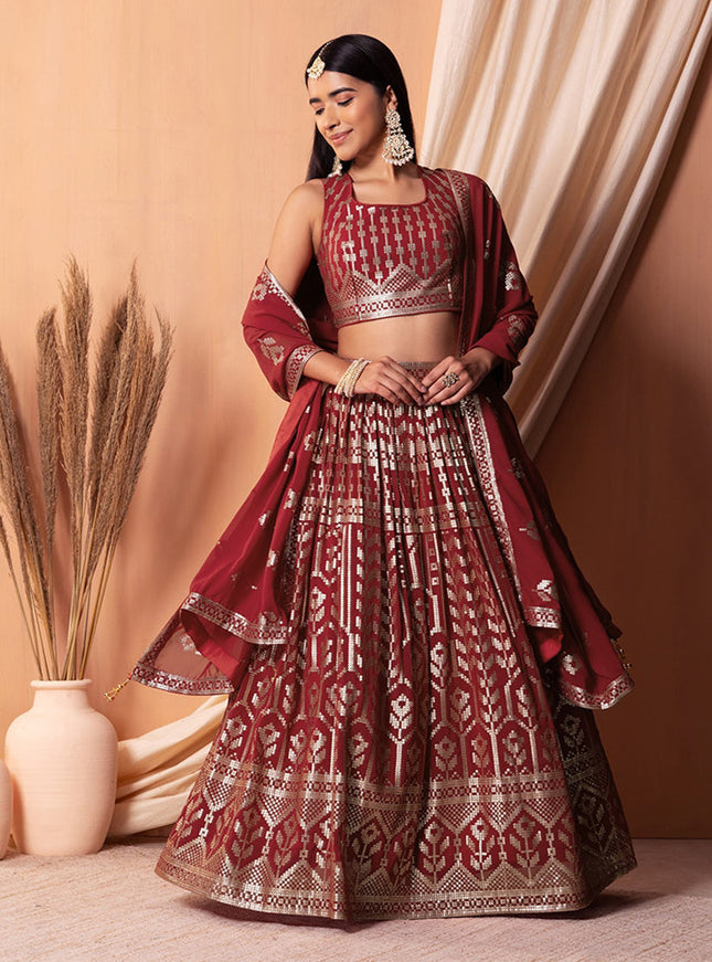 maroon georgette sequins embroidered lehenga choli