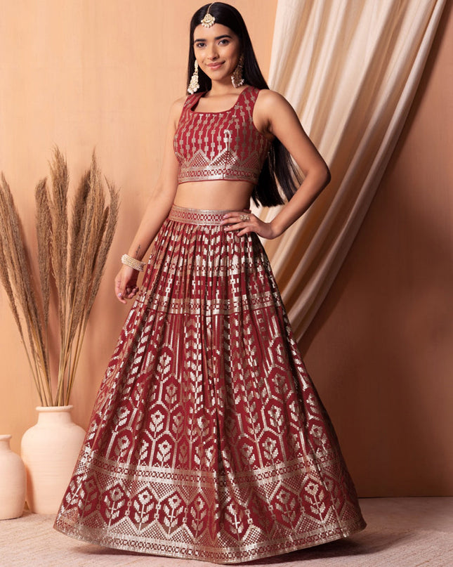 maroon georgette sequins embroidered lehenga choli
