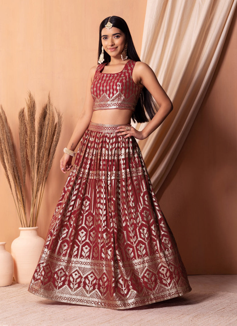 maroon georgette sequins embroidered lehenga choli