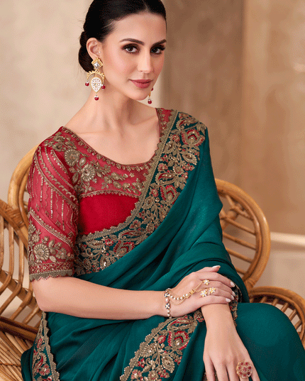 Voguish Teal Green Chiffon Heavy Designer Saree