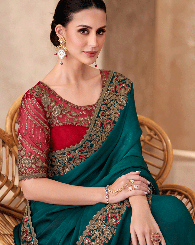 Voguish Teal Green Chiffon Heavy Designer Saree