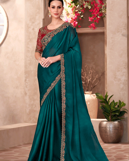 Voguish Teal Green Chiffon Heavy Designer Saree
