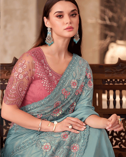 Trendsetting Mint Blue Crepe Heavy Designer Saree