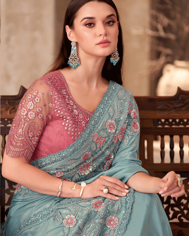Trendsetting Mint Blue Crepe Heavy Designer Saree
