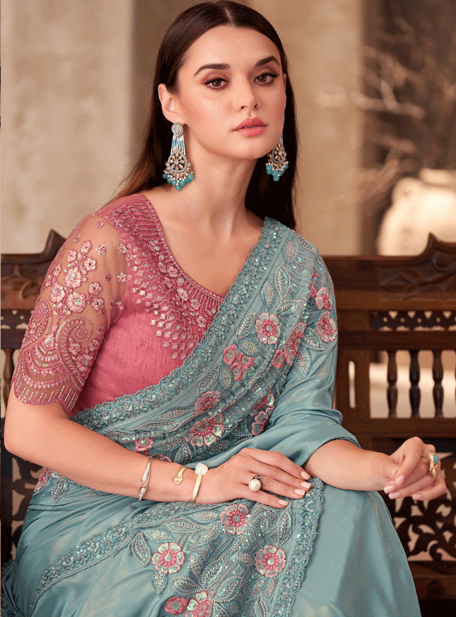 Trendsetting Mint Blue Crepe Heavy Designer Saree