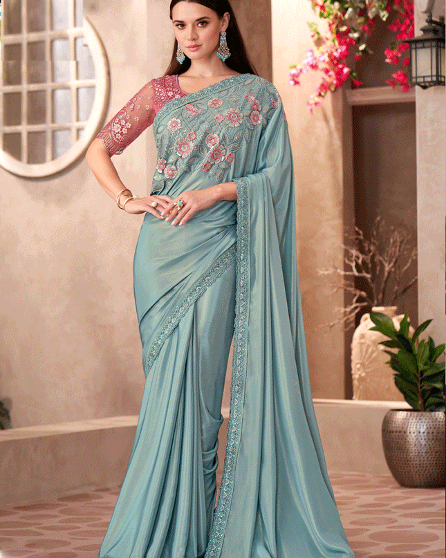 Trendsetting Mint Blue Crepe Heavy Designer Saree