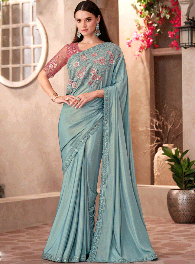 Trendsetting Mint Blue Crepe Heavy Designer Saree
