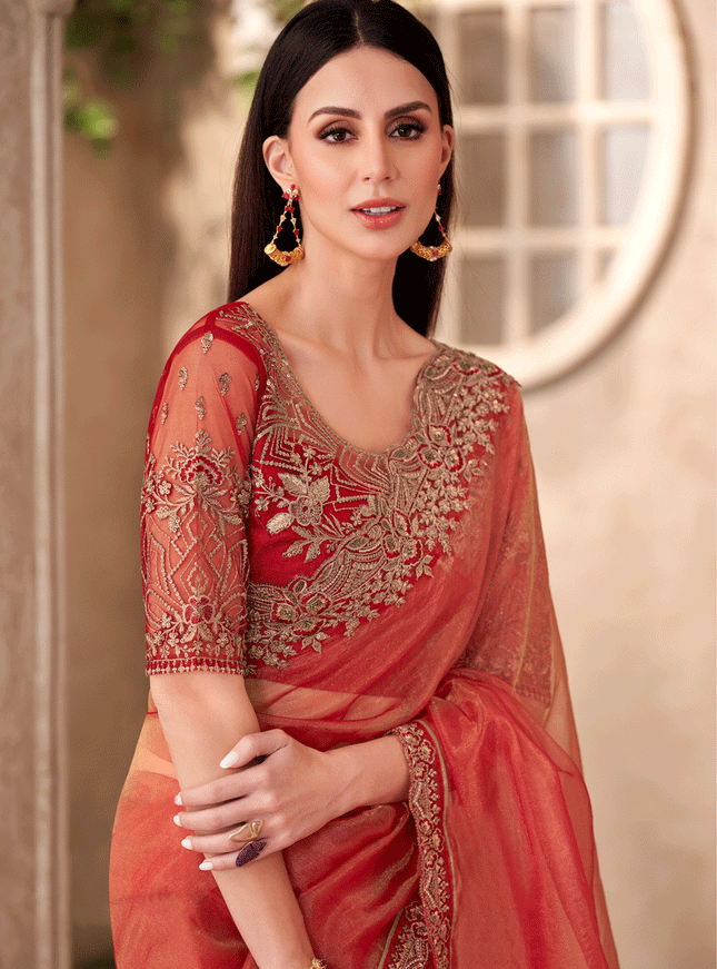 Immaculate Orange Tissue Heavy Designer Saree