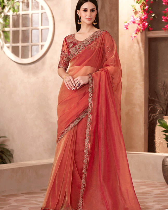 Immaculate Orange Tissue Heavy Designer Saree