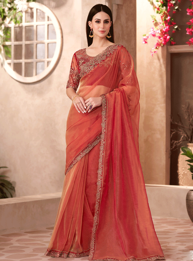 Immaculate Orange Tissue Heavy Designer Saree