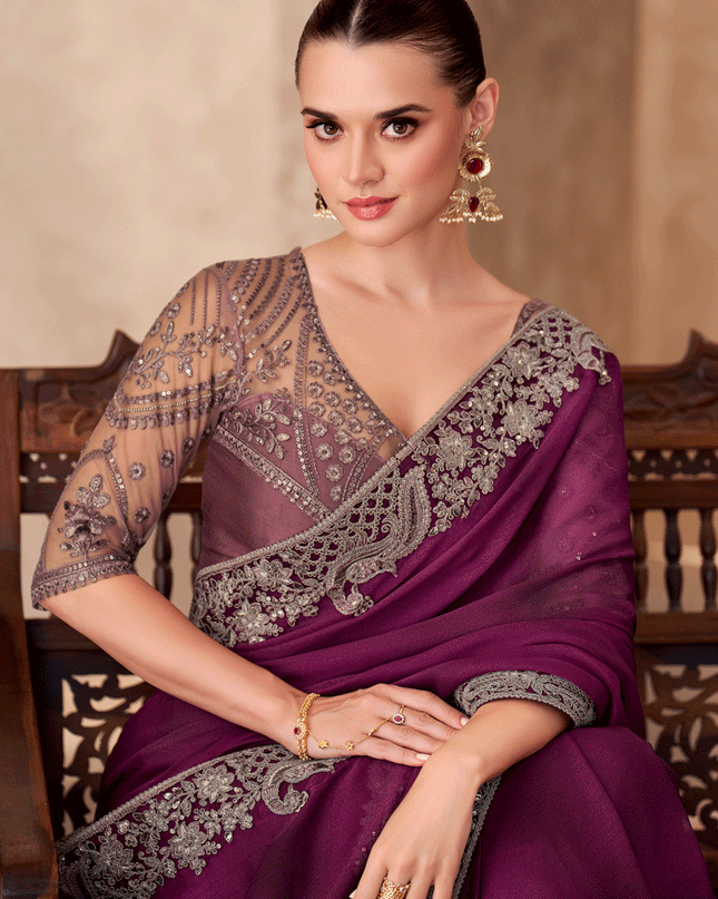 Beautiful Wine Chiffon Heavy Designer Saree