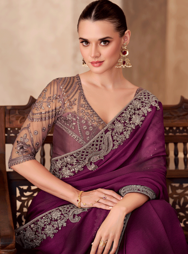 Beautiful Wine Chiffon Heavy Designer Saree