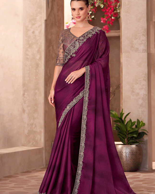 Beautiful Wine Chiffon Heavy Designer Saree
