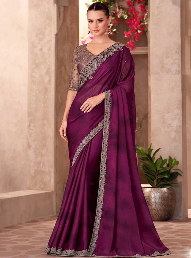 Beautiful Wine Chiffon Heavy Designer Saree